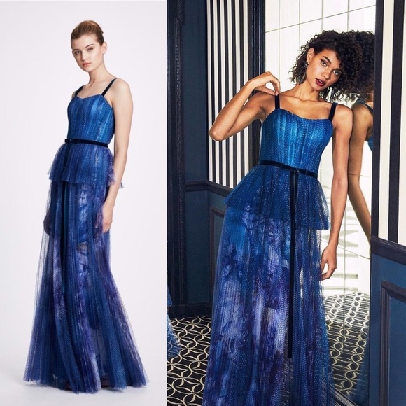 Marchesa Dresses & Skirts - Marchesa Gown Printed Sequin Pleated Tulle Velvet Sleeveless Blue 2 NWT